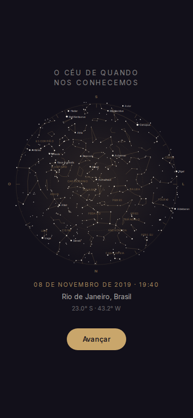 Tela do mapa de estrelas do dia especial